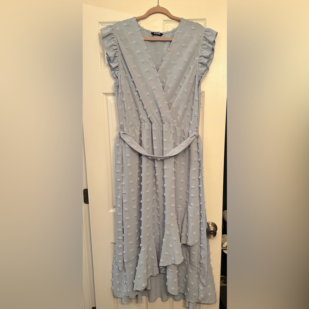 Light Blue Dotted Wrap Style Dress with Tie